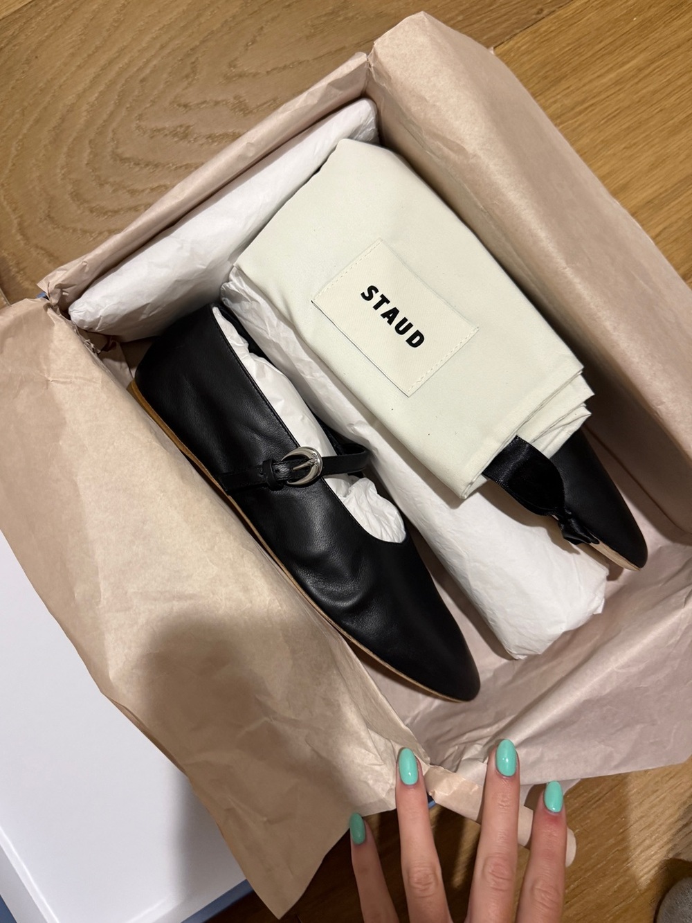 STAUD Black Leather Pointed Alba Mary Jane Flats